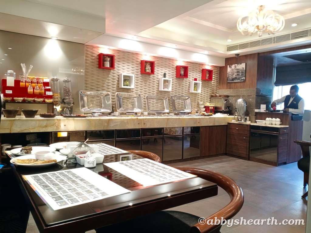 Buffet breakfast setup at Suba Palace Hotel in Mumbai.