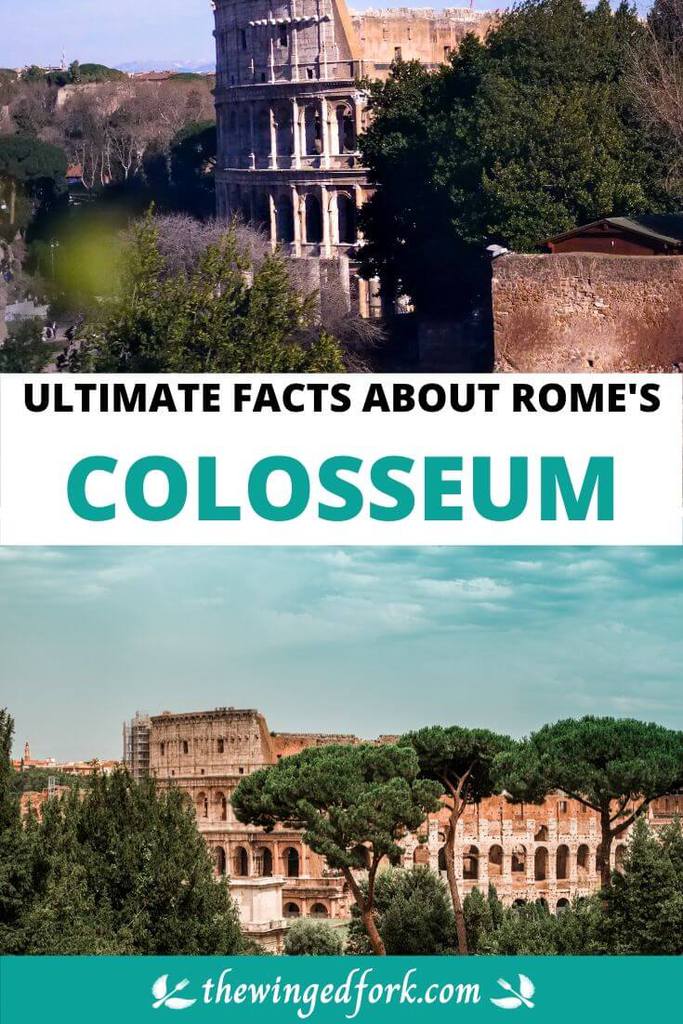 Pinterest image with two pictures of the Colosseum surrounded by trees.