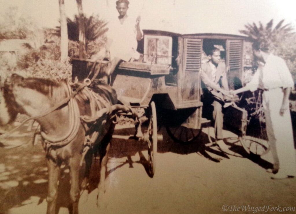 Our grandpa Leslie Fonseca getting out of a horsedrawn carriage.