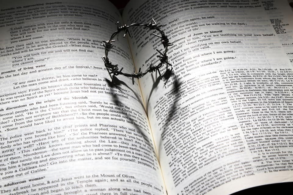 Small crown of thorns of barbed wire on a bible - image sourced from Pixabay.