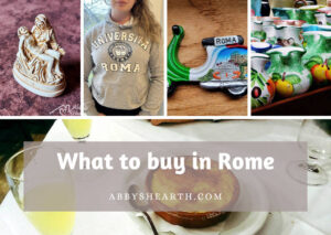 Collage image of souvenirs to buy in Rome.