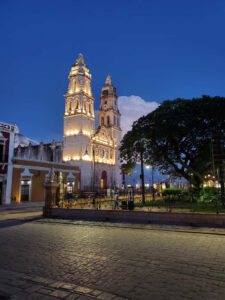 Night view of Campeche Cathedral in Mexico.