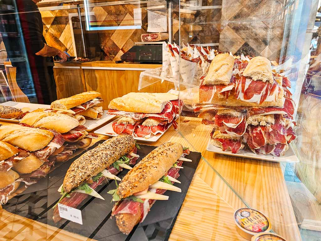 Iberico ham sandwiches served in a shop in Seville.