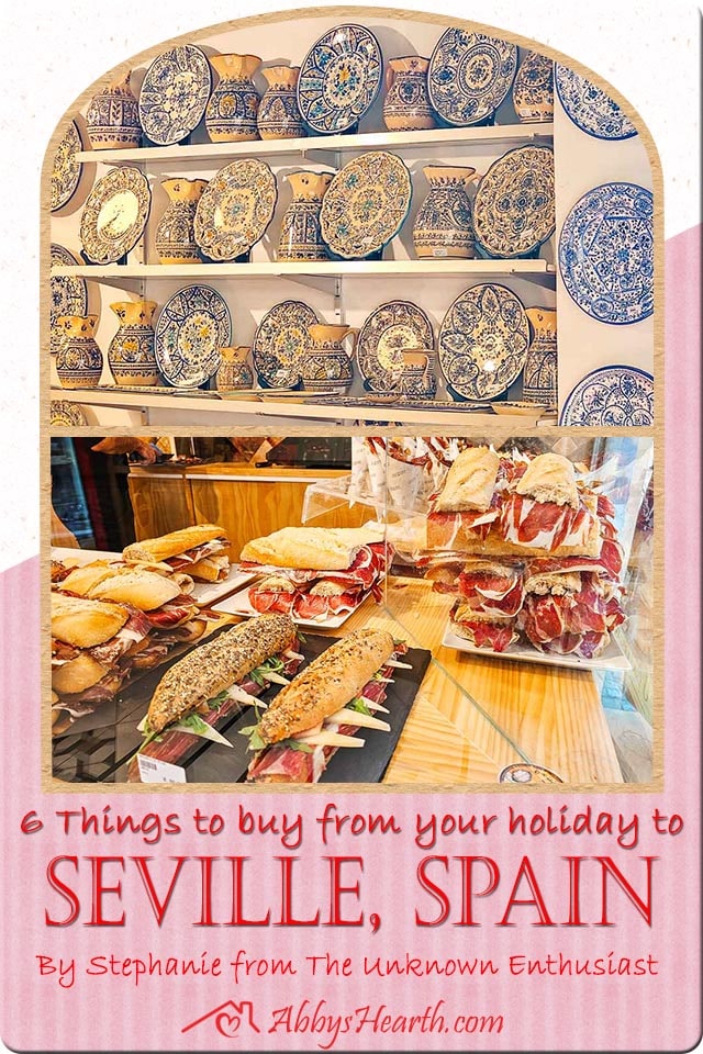 Pinterest images of Ceramic plates and Iberico Ham at shops in Seville.