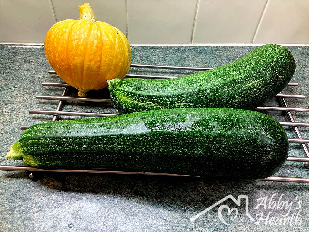 Two freshly washed zucchini and a small yellow pumpkin from Aaron's garden.
