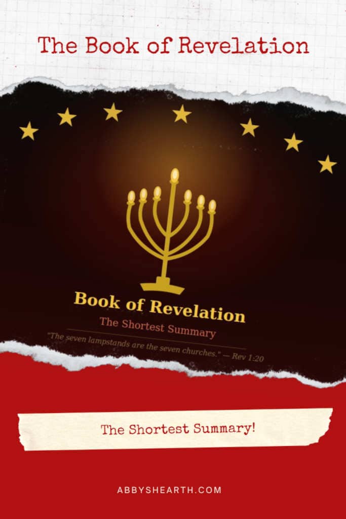 Seven stars and a lampstand with text Book of Revelation, The Shortest Summary.