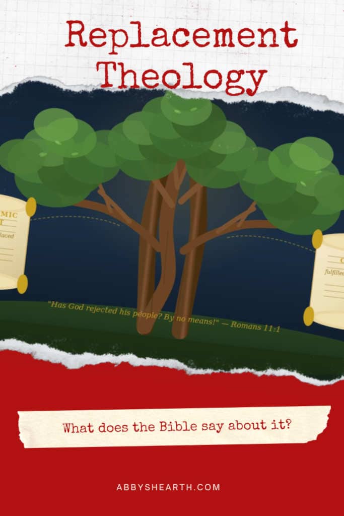 Tree with two covenants and text 'what does the bible say about replacement theology?'