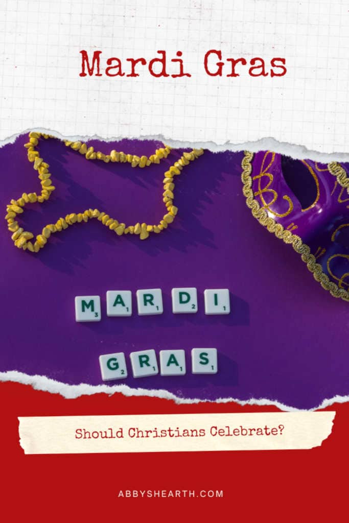 Purple mask and gold beads with text "should Christians celebrate Mardi Gras?"