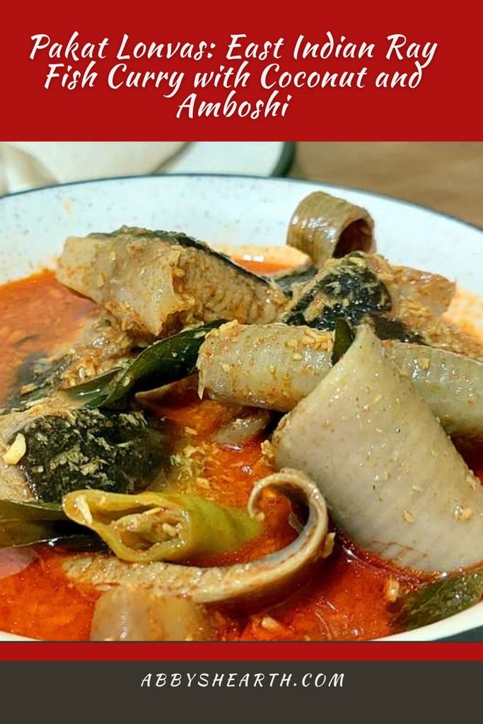 Pakat/skate/ray fish curry in a beige pot.