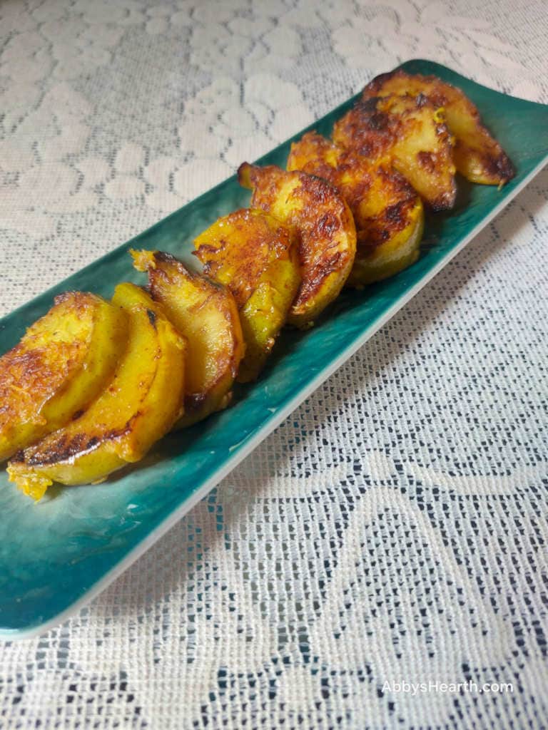 Platter of pears fried in chickpea batter.