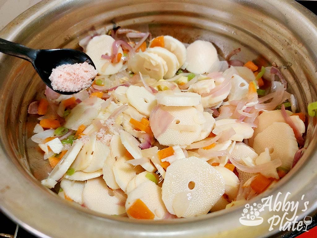 Salt added to bamboo veggies.