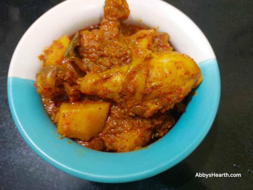 Top view of chicken frithad masala curry.