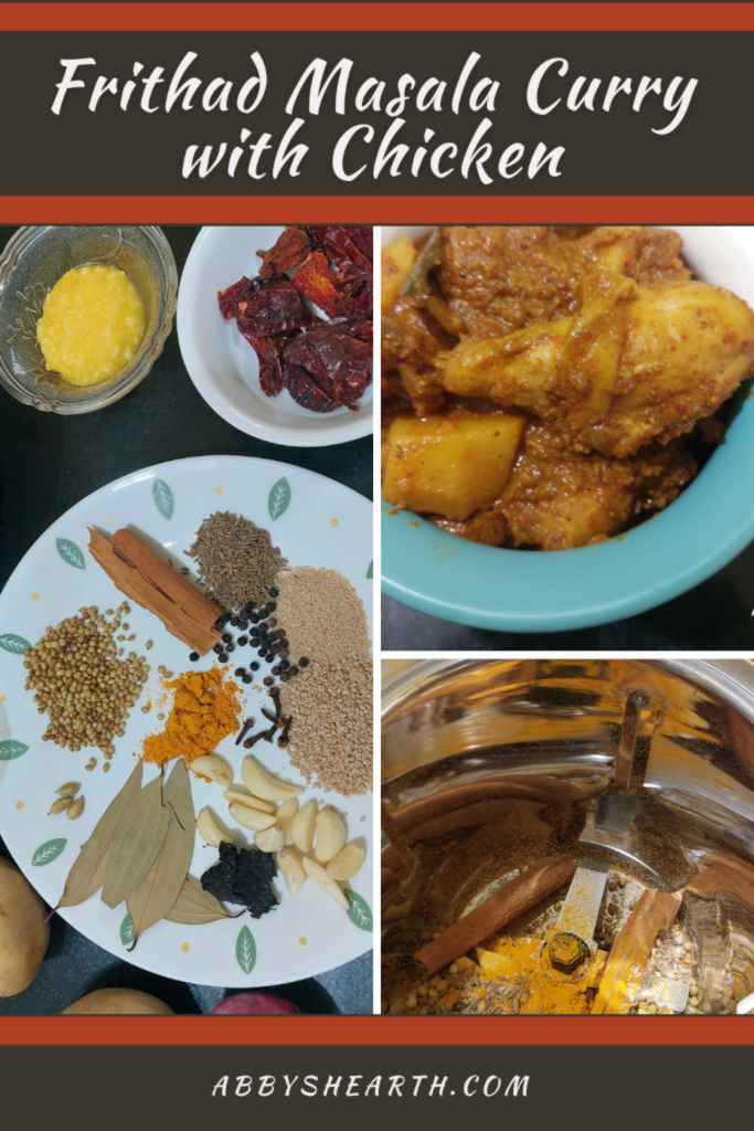 Ingredients and cooked chicken frithad masala curry.
