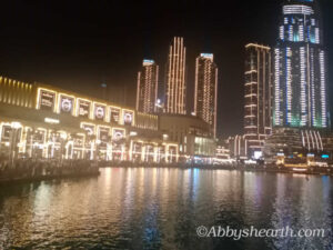 The promenade outside Dubai Mall is brightly lit at night!