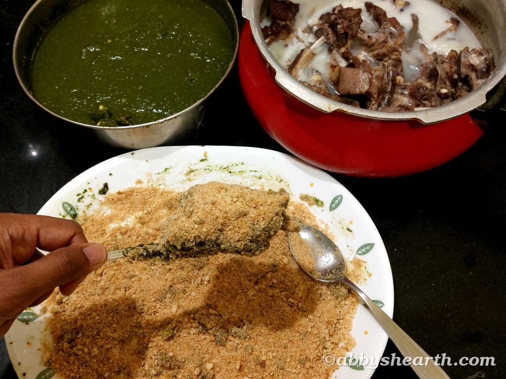 Coat the chutney covered chops with crumbs.