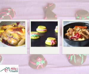 Collage of chicken roast, beef roast, lemon Easter eggs and choc Easter eggs.