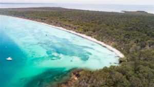 Aerial view of the blue Moreton Bay in Australia.
