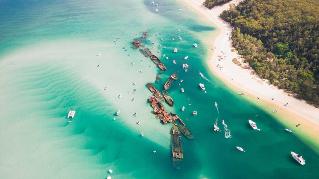 Aerial view of the Tangalooma Wrecks in Australia.