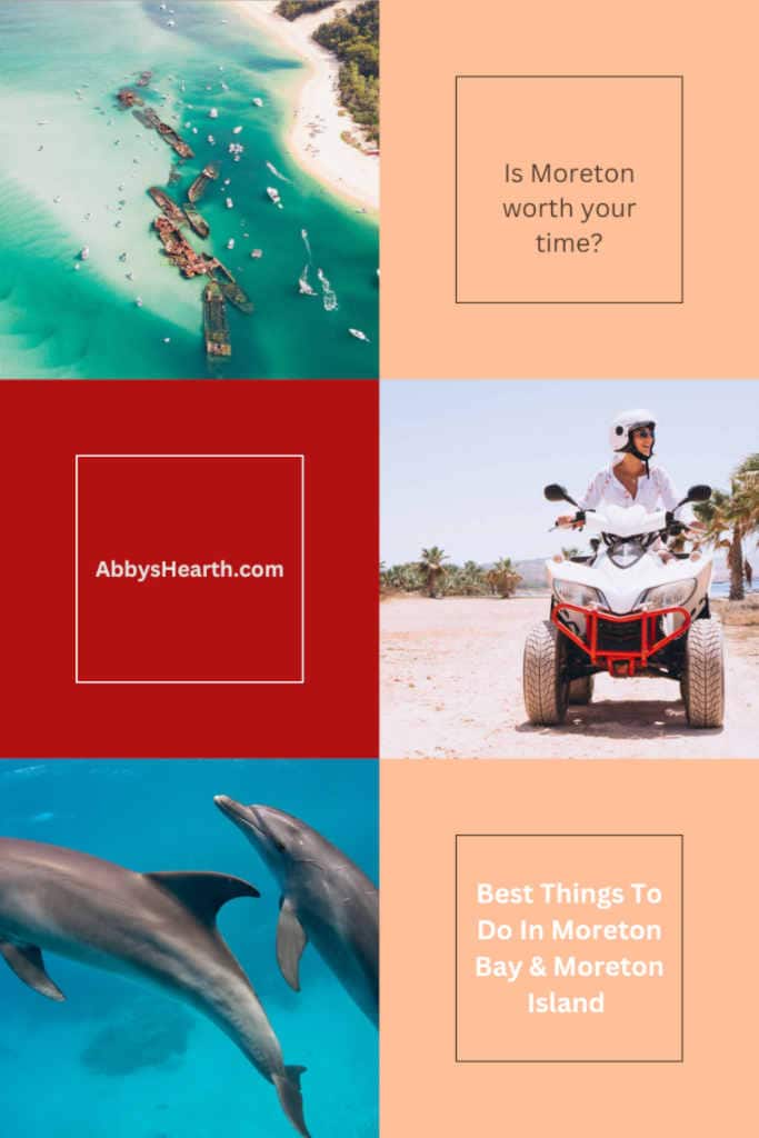 Moreton bay aerial view, quad biking lady and dolphin images.