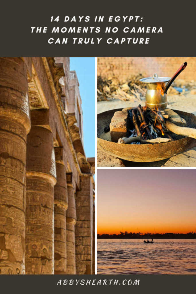 Collage of Egyptian temple, tea, and sunrise on the Nile.