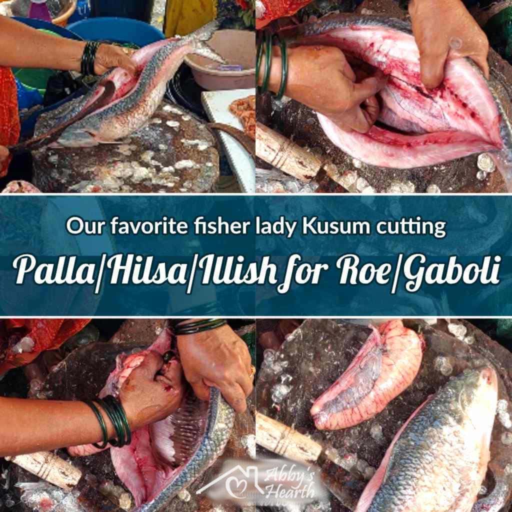 The roe being extracted from the palla / hilsa fish.
