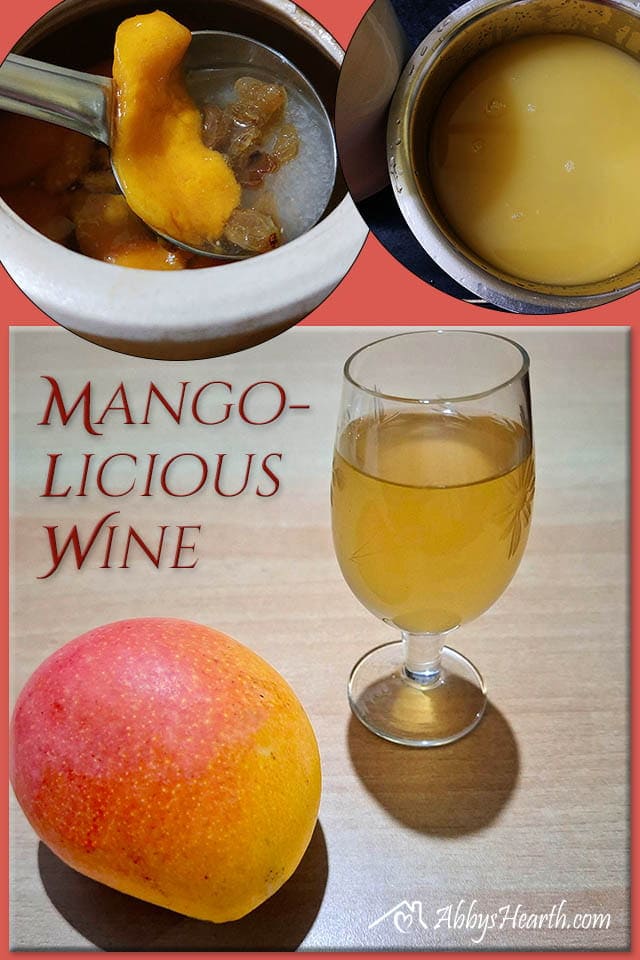 Collage of Mango wine in making and ready to serve.