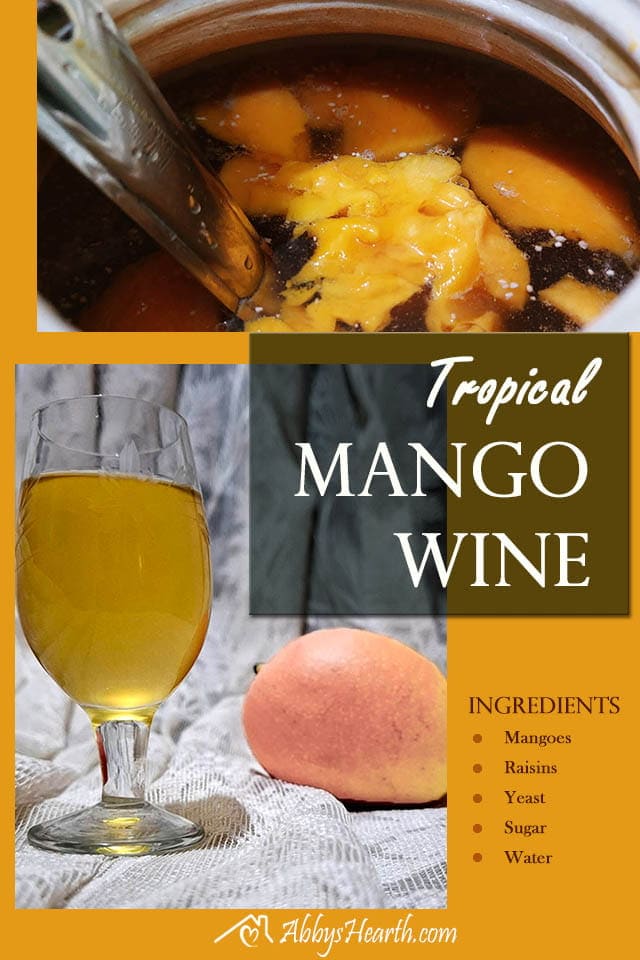 Collage of ingredients mixed for wine and ready to drink mango wine.