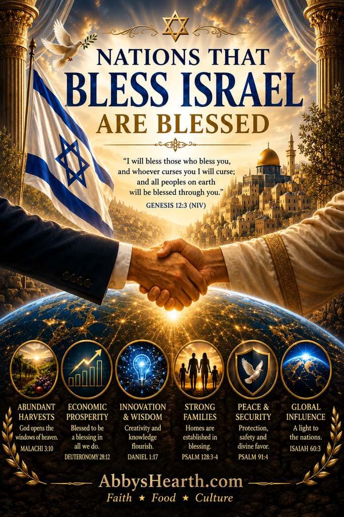 Handshake between two people with Israel flag and biblical scene in background.
