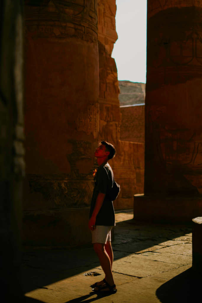Person staring in awe at some temple pillars.