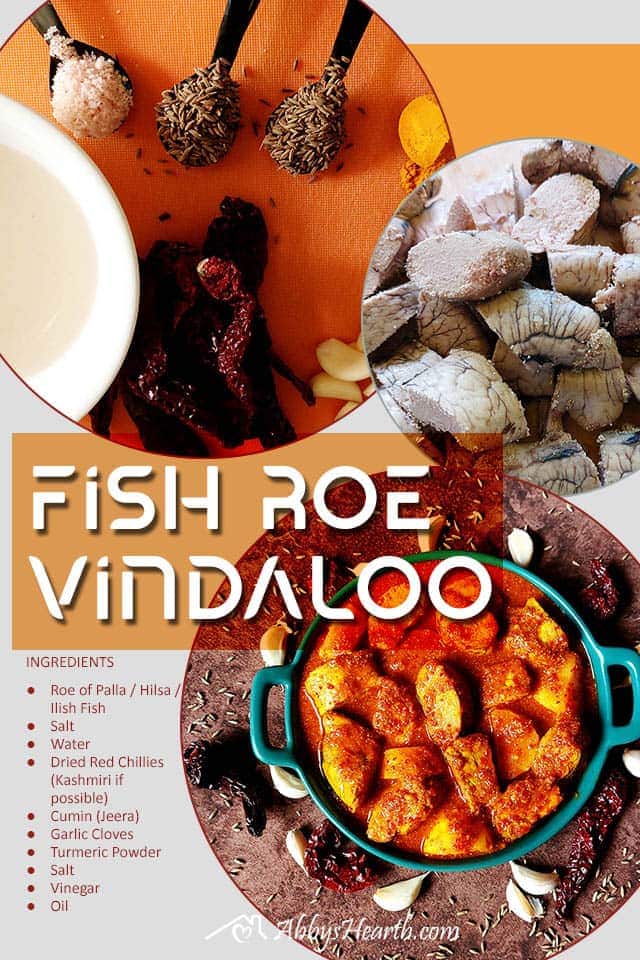 Collage of vindaloo ingredients, boiled chopped roe and cooked roe vindaloo.