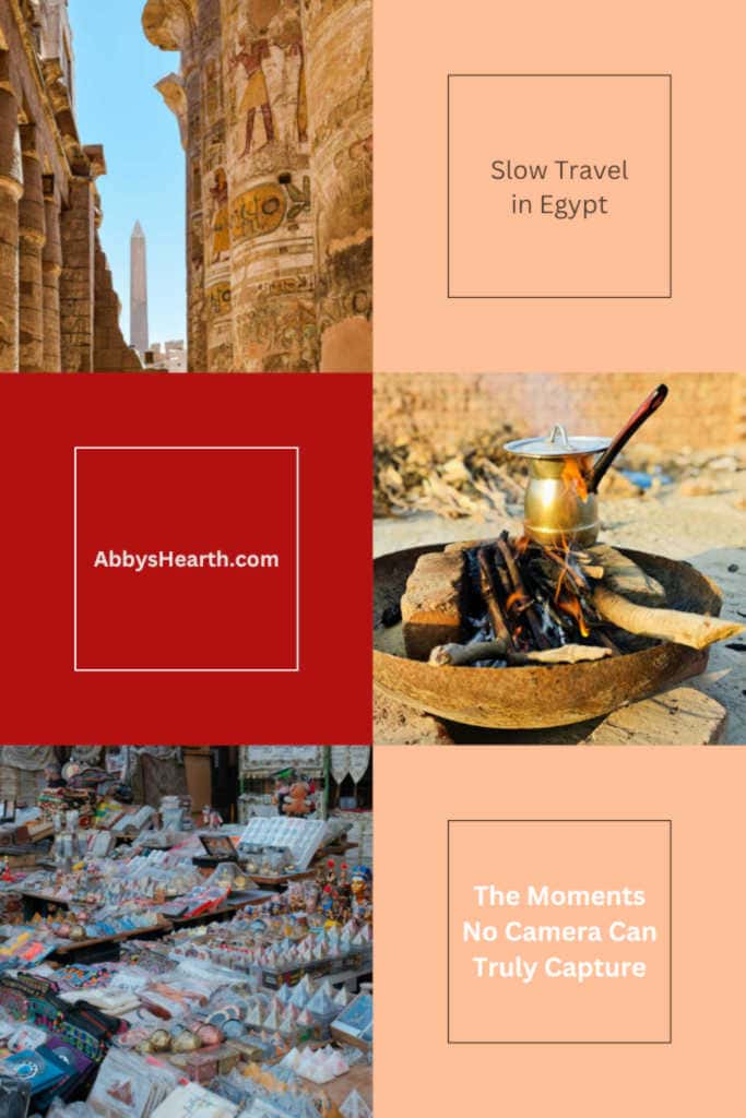 Collage of Egyptian temple, tea, and souvenirs.