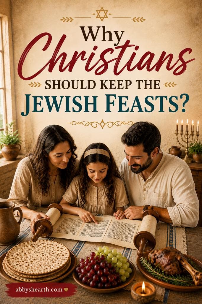 Family reading Bible with Jewish feast foods and candles at home.