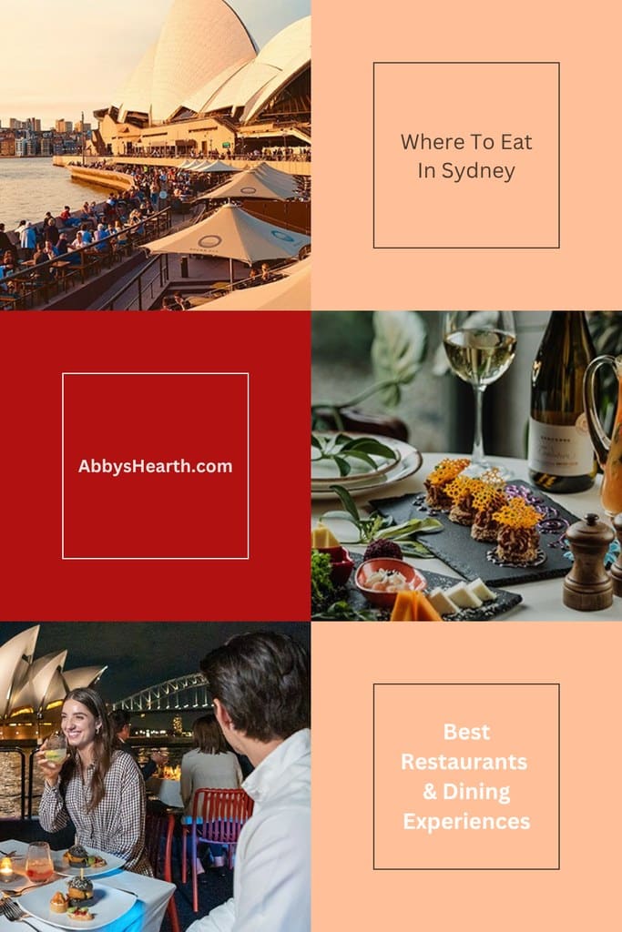 Pics of different restaurants in Sydney - Opera bar, cruise dinner, and food laden table.