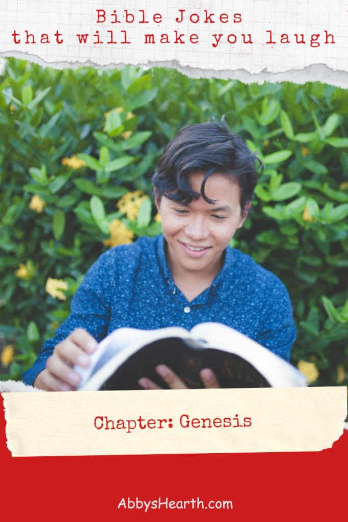 Boy reading an open Bible and smiling/laughing.