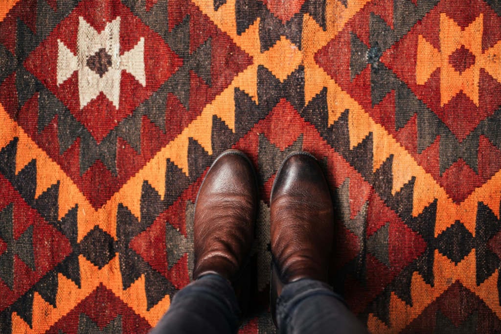 Legs with brown boots on a geometric carpet.