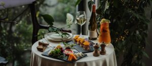 Beautifully set dining table featuring wine, cocktails, cheese, and appetisers in a cosy nature-inspired setting.