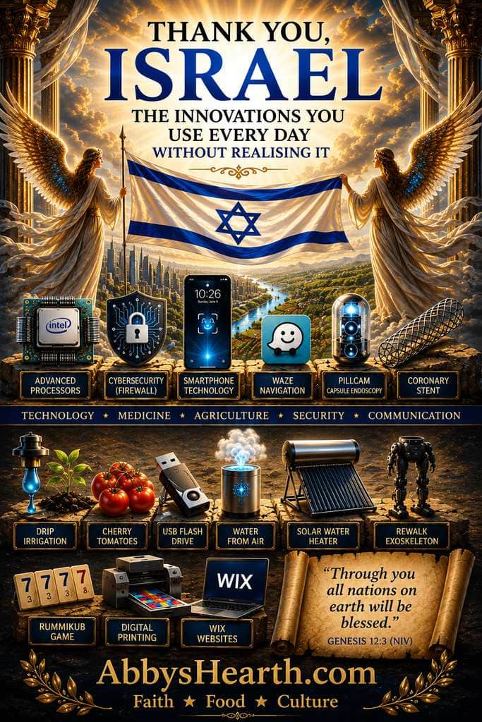 Celebrating Israeli innovation with the national flag and invention images.