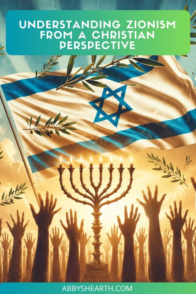 Candlestand surrounded by hands raised to the Israeli flag and lots of olive leafs floating around.