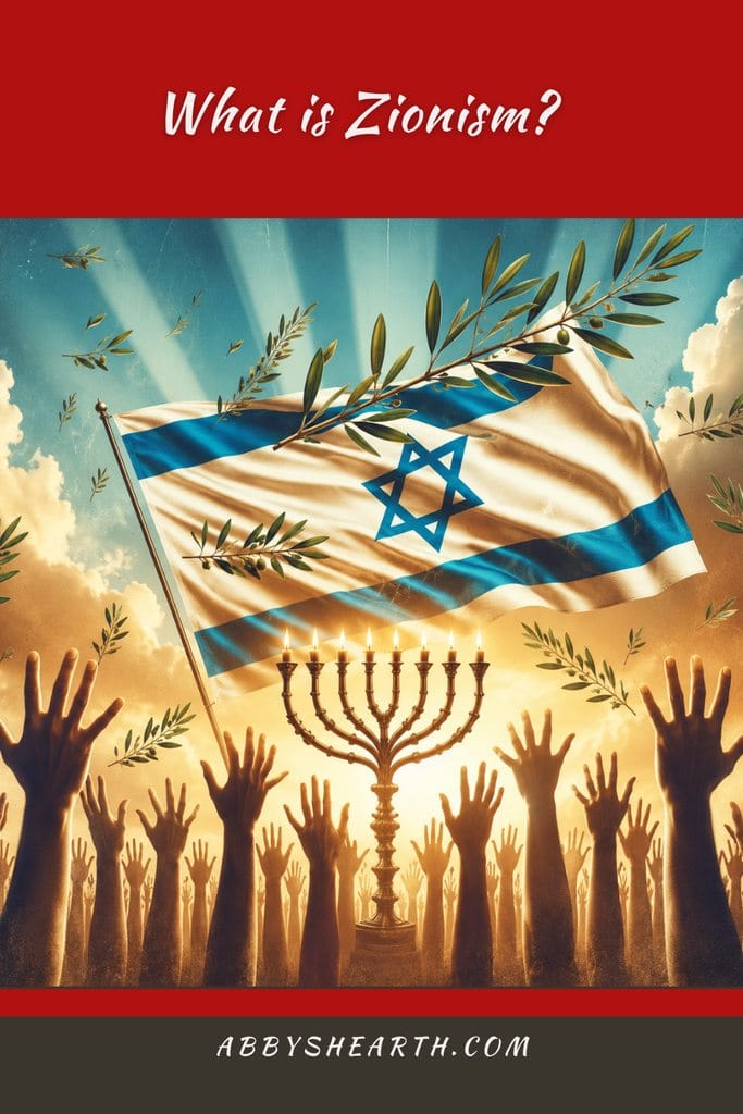 Candlestand surrounded by hands raised to the Israeli flag and lots of olive leafs floating around.