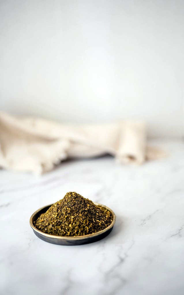 Zaatar in a steel dish.