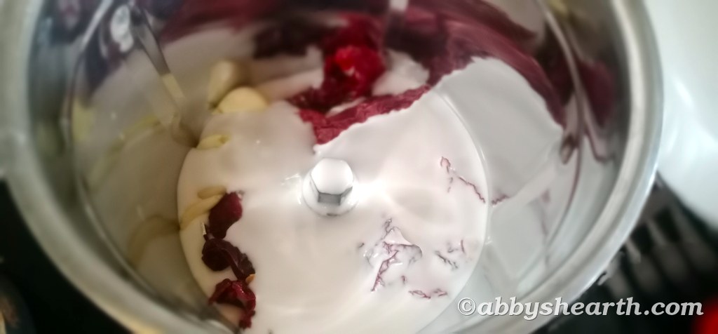 Coconut milk and spices in a mixer grinder.