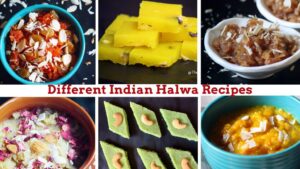 Assorted Indian halwa desserts including carrot, pumpkin, and lentil halwa.