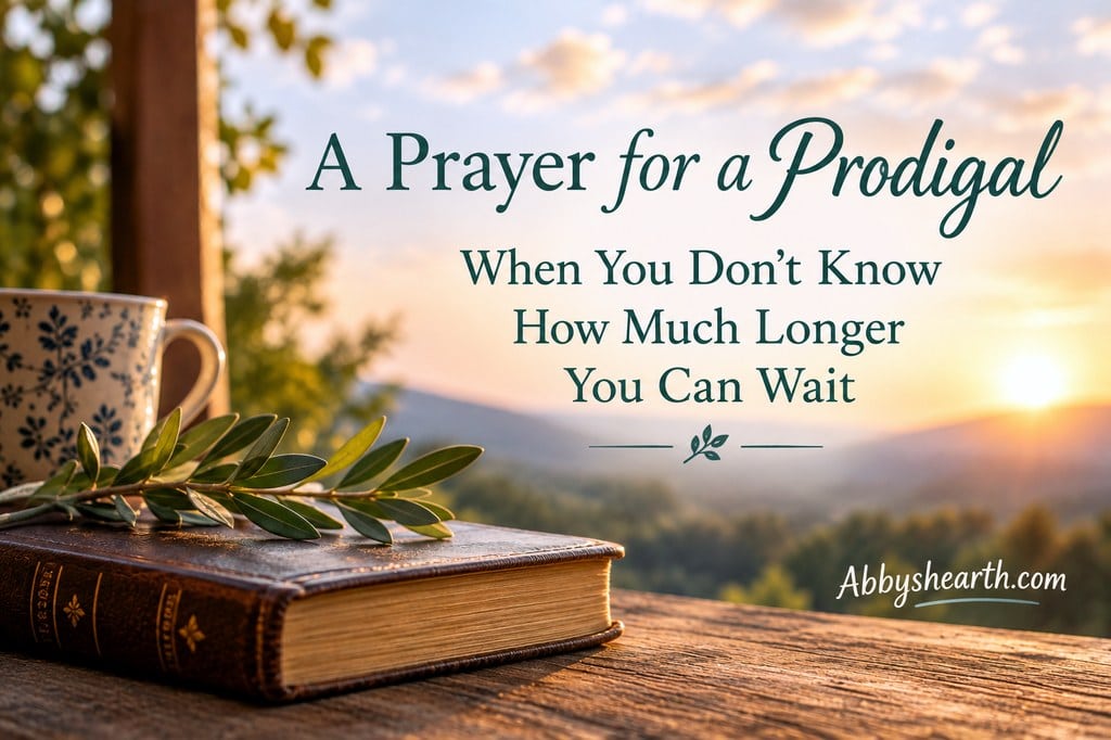 Book, sunset, leaves with text "A prayer for a prodigal when you don't know how much longer you can wait."