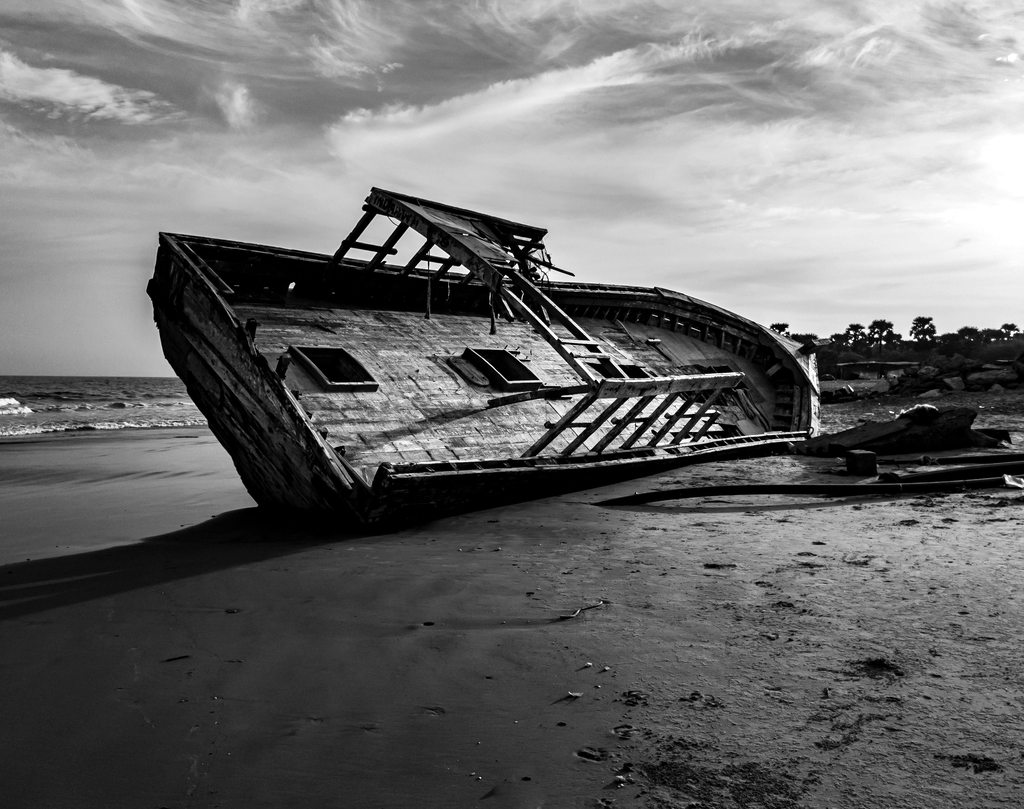 Shipwreck on a beach.