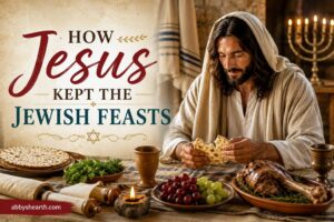 Jesus at a table with traditional Jewish foods for the feasts.