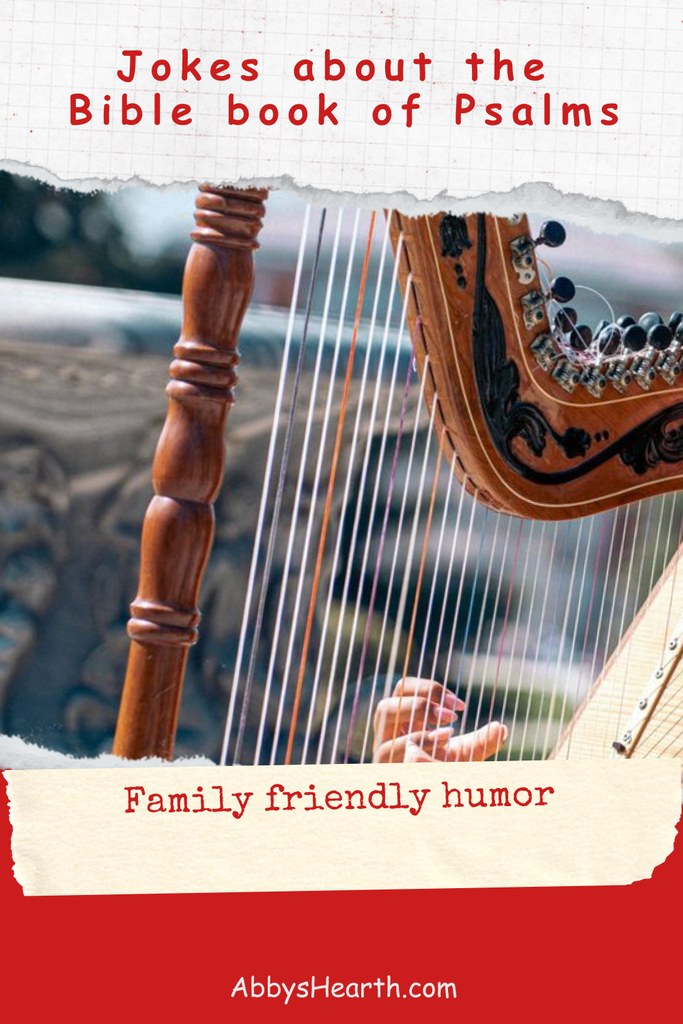 Harp and Psalms book with humorous text about Bible jokes for family fun.