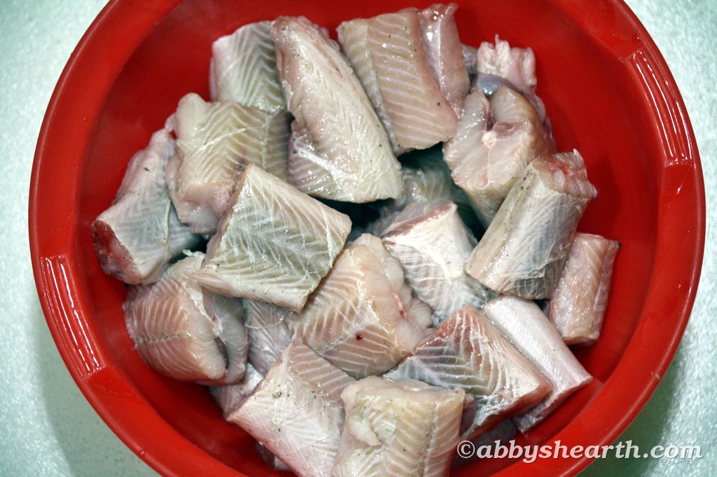 Raw milk shark fish pieces in a red bowl.