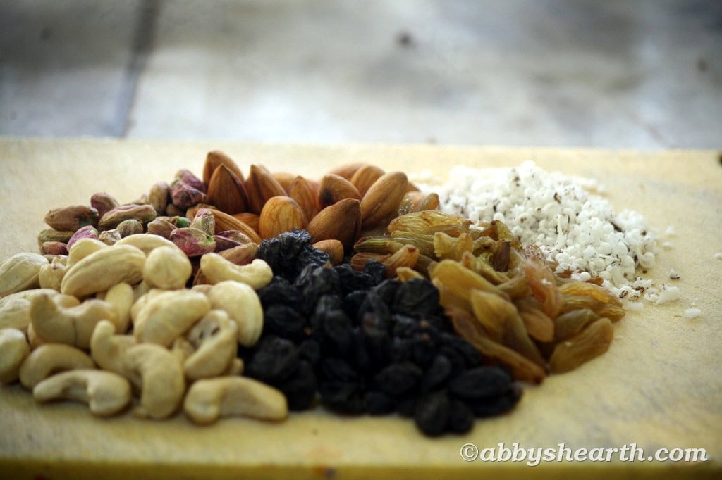 Mixed nuts, raisins, currants and fresh grated coconut.