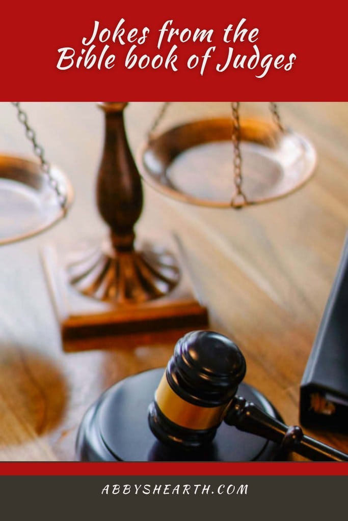 Scales of justice and gavel on wooden desk for Bible Judges jokes post.