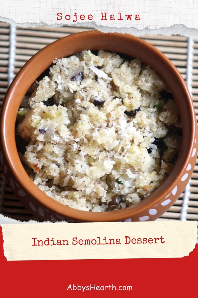 Close-up of Sojee Halwa in a brown bowl with nuts and raisins.